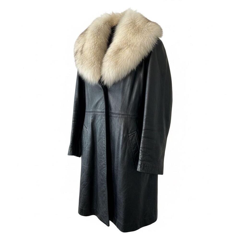 Vintage Black Leather Fox Fur Collar Trench Coat Jacket SZ M/L
